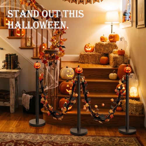 Image of 4 Pack Halloween Pumpkin Head Black Stanchions and Velvet Ropes Set, Stainless Steel Crowd Control Barriers, 3Pcs Black Ropes and Poles for Party,Photobooth Accessories, Prom, Halloween Decorations