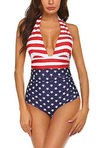 Qearal USA Flag Patriotic Swimsuits for Women One Piece Backless Striped Bathing Suit (S, American Flag)