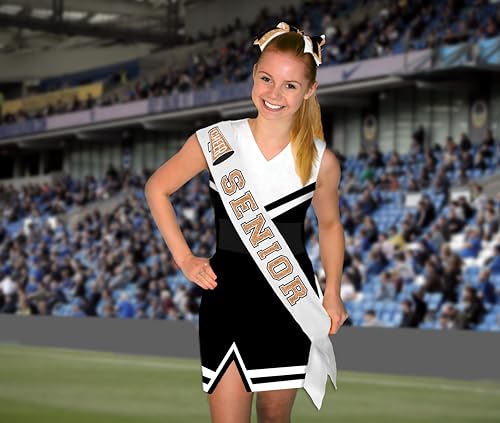 RhinestoneSash Senior Cheer Sash Gold - PREMIUM GRADE SATIN White Sashes - Cheerleader Squad Gifts2