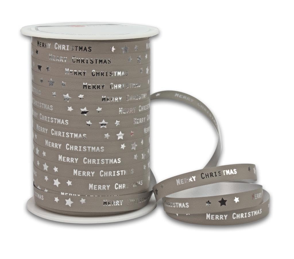 Curling Ribbon with Merry Christmas Print 10mm x 100m Roll or Cut Length (100m Roll, Silver)