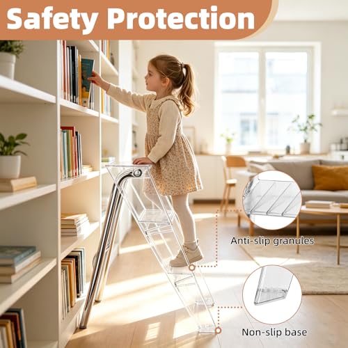 Image of Acrylic 3 Step Ladder Folding Step Stool, Anti-Slip Steps Design, 350lbs Heavy Duty Load Bearing, Stable Support Frame, Portable Safety Acrylic Ladder (Transparent)