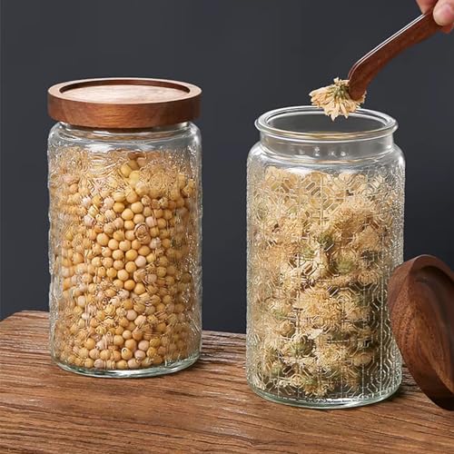 Image of Vintage Glass Jars with Wooden Lids, 2 Pack 34 oz Airtight Glass Food Storage Containers Sets for the Kitchen, Sugar Coffee Candy Spice Cookie Tea Pasta