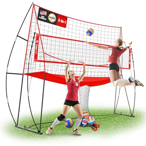 JOLORLY 2-in-1 Volleyball Practice Net Station with Patented 5-Height (6'6'' to 8'), Heavy Duty Training System for Hitting Spiking Serving, Backyard Indoor Outdoor Trainer Equipment (12x11 ft Red)