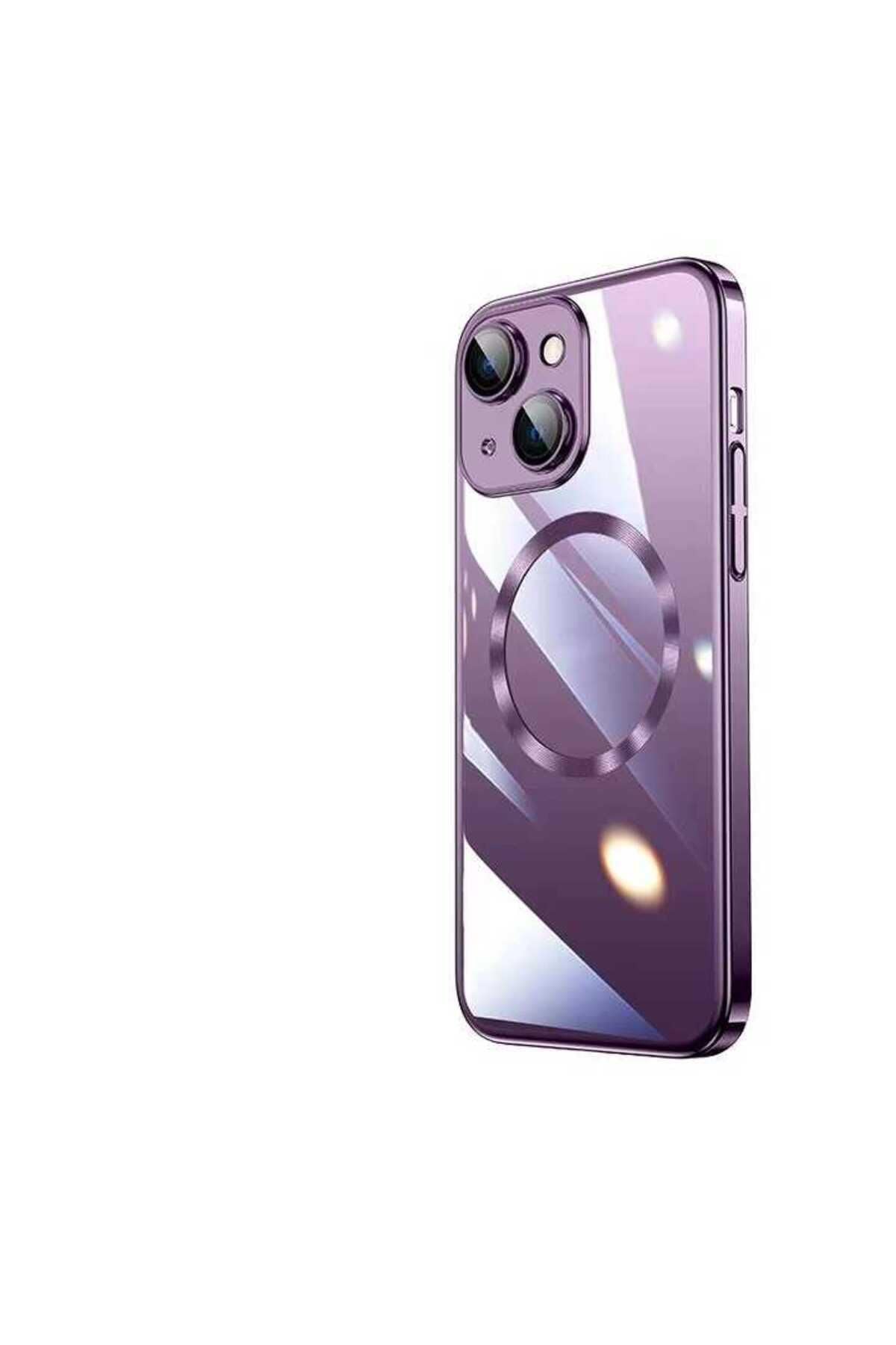 Zore Apple için uyumlu iPhone 14 Plus Kılıf Wireless Şarj Özellikli Sert PC Zore Riksos M-safe Kapak Derin Mor