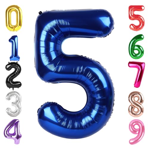 Image of 40 Inch Night Blue Number 5 Balloon, 5th Blue Birthday Party Decorations | 40 Inch Night Blue inflatable foil number balloons, large birthday decorations for 5th birthday