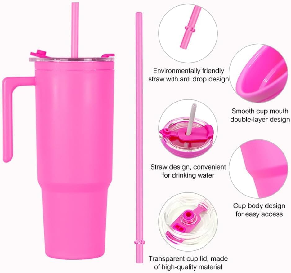 40oz Reusable Plastic Insulated Tumblers with Handle and Straw, Double Wall Tumbler with Lid, Cup Holder Friendly Travel Mug for cold drinks, sand ice, Pink - Image 6