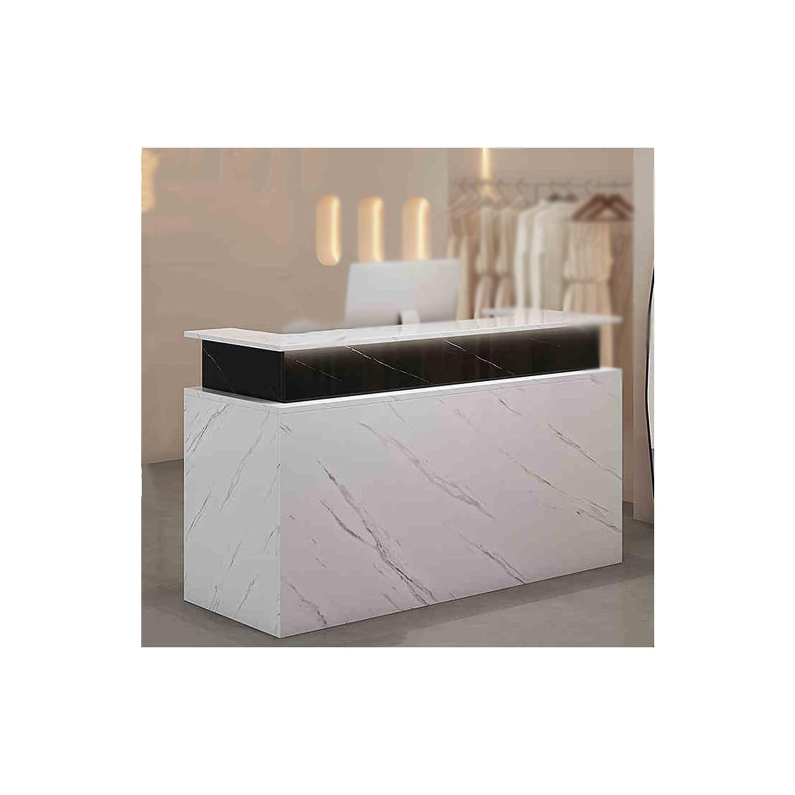 Banco reception beige con cassetti e ripiani chiudibili a chiave, moderno bancone front office per vendita al dettaglio, hall e salone, mobili commerciali da 100 cm