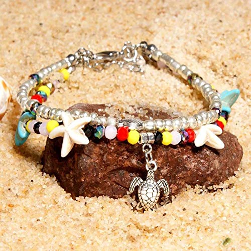 Image of Softones Blue Starfish Turtle Anklet Multilayer Charm Beads Sea Handmade Boho Anklet Foot Jewelry for Women