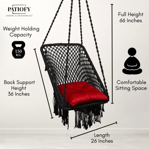 Image of Patiofy Premium Rectangle Shape Swing for Adults for Home /Jhula for Adults /Swing for Balcony /Includes Hanging Kit & Red Sitting Square Cushion (Black)