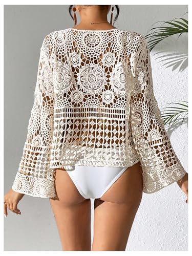 SweatyRocks Women's Hollow Out Crochet Swimsuit Coverup Bell Long Sleeve Loose Cover Up Top2