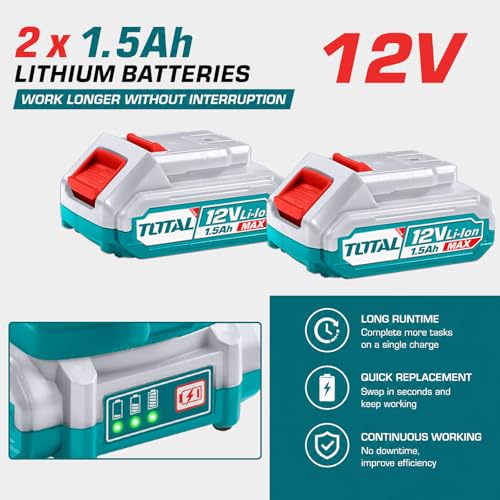 Image of TOTAL 12V Cordless Drill Machine, 25Nm, 2 x 1.5Ah Batteries, 10mm Chuck | 15+1 Torque Settings, 2-Speed Control Up to 1500RPM, Reverse Function, LED Work Light and Carrying Case Included