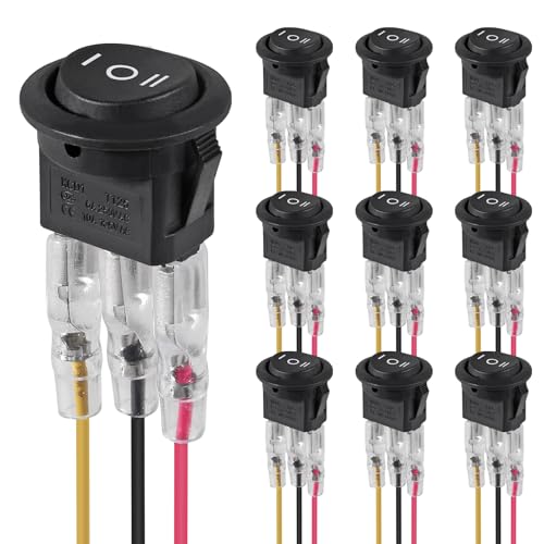 DWEII 10 Pack 3 Pin 3 Position Round Rocker Switch 12V ON/Off/ON 6A/250V AC 10A/125V DC SPDT Circle Toggle Switch for Car Boat Automotive RV Black with Pre-Wired Wires