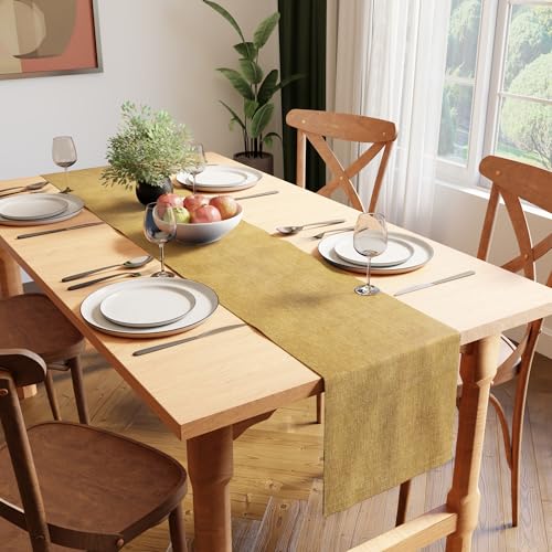 Image of Encasa XO Dining Table Runner for 4 to 6 Seater | 32x183 cm | Mustard Gold | Chenille Fabric | Machine Washable