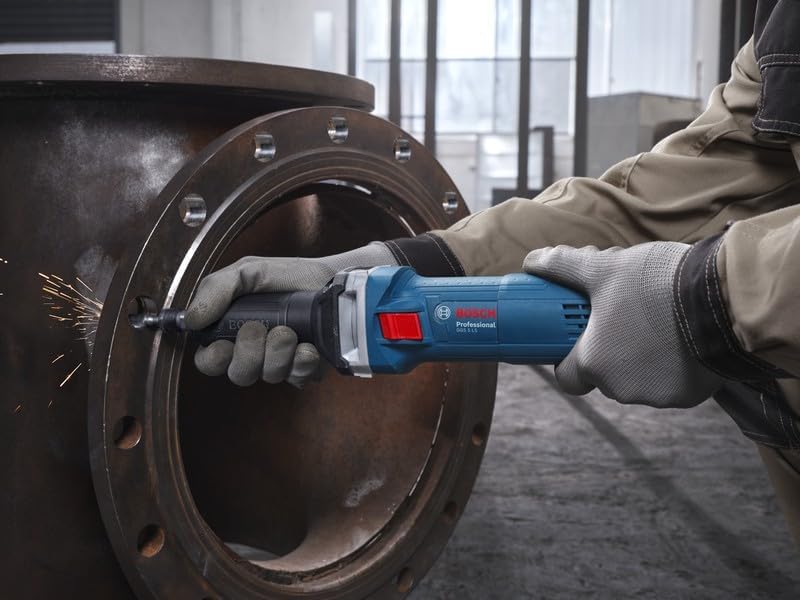Worker using Bosch GGS 5 LS straight grinder on a metal flange, close-up