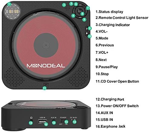 CD Player with BT, MONODEAL Portable Rechargeable CD Player with Built-in Speakers, Wall CD Player for Home, CD Player for Car and Outdoors (with Remote Control and Built-in FM Radio) 8 51qkBeAwDQL. AC
