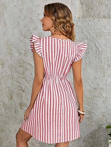 Image of Leriya Fashion Western Dress || Rayon Vertical Striped Printed Dress for Women || Flounce Cap Sleeve | V-Neck | Drawstring Waist Flared Dress || Summer Short Dresses for Women.