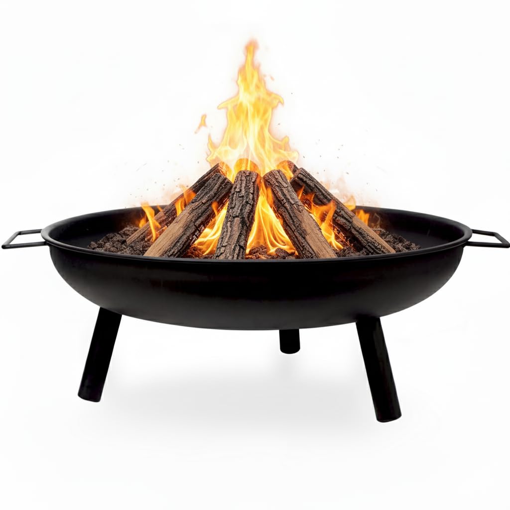 Crystals 58cm Outdoor Fire Pit without BBQ Grill Portable Steel Fire Bowl Brazier for Garden, Patio & Camping, Charcoal & Log Burner Heater with Cooking Grill for BBQ, Picnic & Outdoor Heating–Black