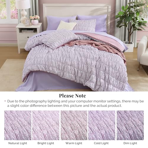 Full Size Comforter Sets - 7 Pieces Puff Light Purple Floral Bedding Set for All Seasons, Shabby Chic Farmhouse Bed in a Bag Full with Floral Comforter, Sheets, Pillowcases & Shams