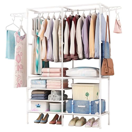 Zorpupoa Clothing Rack, Heavy Duty Clothes Rack, 3-in-1 Garment Rack for Hanging Clothes, Freestanding Closet Organizers with Storage Shelves, Clothes Rack for Bedroom, Hallway, Entryway, White