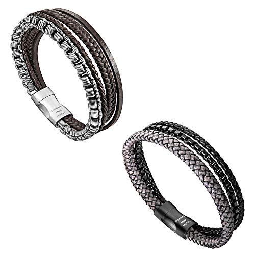 murtoo Mens Leather and Stainless Steel Chain Bracelet Brown and Grey