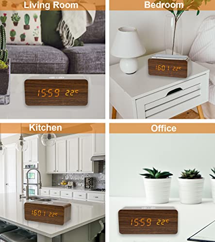 Togous Wooden Digital Alarm Clock With Wireless Charging, 3 Alarms Settings, Weekday/Weekend Mode, Sound Control, Led Wood Clock For Bedroom, Living Room, Desk, Bedside, Office (Brown) #TOP4