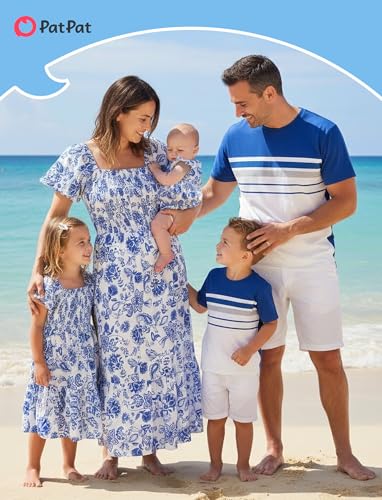 Image of PATPAT Family Matching Outfits Mommy and Me Dresses Floral Dress & T-Shirts | Mommy and Me Easter Dresses, Puff Sleeve Floral Sundress, Cotton Blend T-shirts, Couples Party Wedding Vacation Outfits