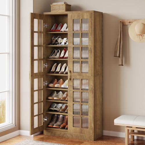 Image of Tribesigns Tall Shoe Cabinet Set of 2, 8-Tier Modern Shoe Storage Cabinet | Shoe Rack Cabinet with Adjustable Shelves, Stable and Sturdy, Tall Shoe Organizer for Entryway, Hallway, Closet, Wood Color