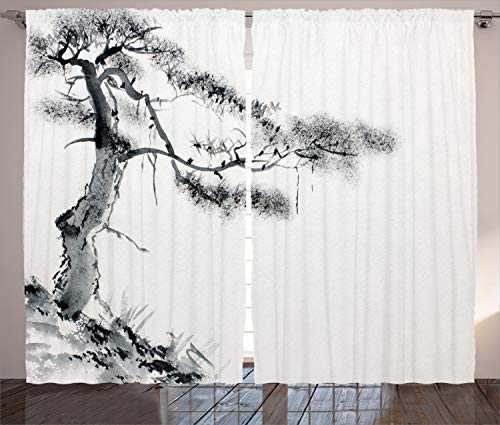 Ambesonne Asian Curtains, Lone Pine on Mountain Slope Art Traditional Chinese Painting Style Oriental Culture, Living Room Bedroom Window Drapes 2 Panel Set, 108" X 84", White Grey
