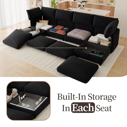 Image of Oversized Corduroy Modular Sectional Sofa Bed with Hidden Storage, Convertible L U Sleeper Couch, 6-Seat Modular Sofa Free Combination with Ottoman & Removable Covers for Living Room, Black