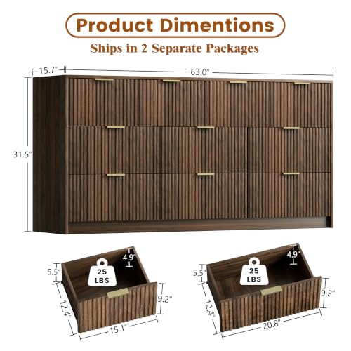 Image of Furniway Walnut 10 Drawer Dresser for Bedroom, 63 inch Wide Fluted Wood Dresser