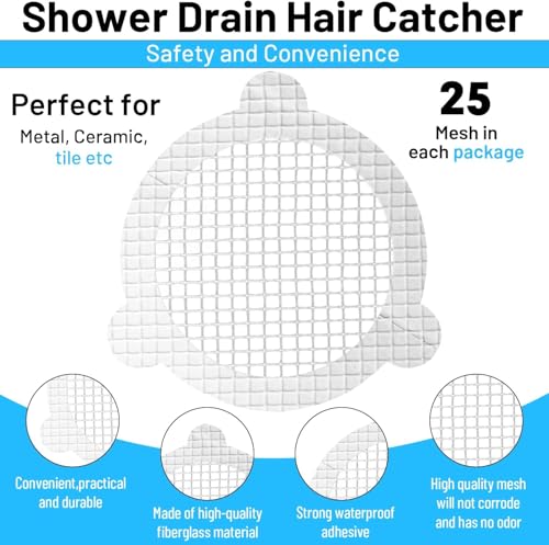 25 Packs - Disposable Shower Drain Hair Catcher 3.54 Inches Round Drain Hair Catcher Stickers for Bath & Kitchen - Hair Catcher Shower Drain Cover for Human & Pet Hair - Mesh for Bathtub & Laundry