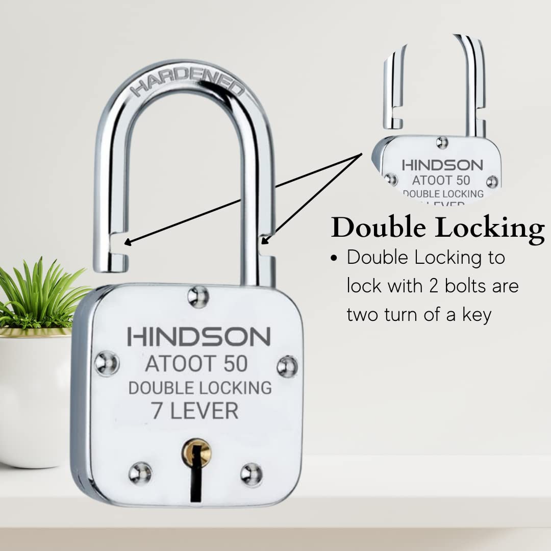 HINDSON Atoot 50mm Lock | Steel Body | Hardened Shackle | 7 Steel Lever | 3 Silver Keys with Keychain | 1 Lock | Made in India | Silver Finsh — Amazon image 3