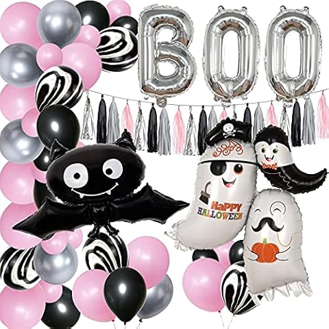 Halloween Party Decorations, Pink Balloon Arch Garland Kit, Bat, BOO & Ghost Foil Balloons and Hanging Tissue Paper Tassels, Halloween Balloons Party Supplies for Girls - Pink, Black & Silver Cover
