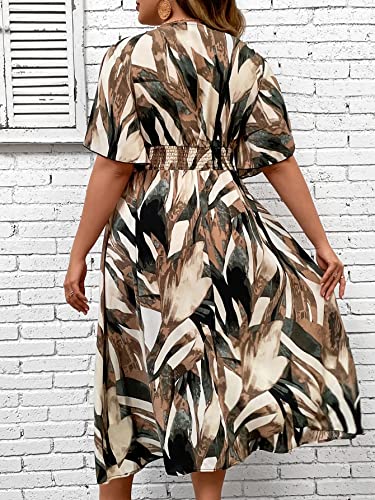 Image of Floerns Women's Plus Size Boho Hawaiian Tropical Dresses V Neck Short Sleeve Floral A Line Long Dress Vacation Beach Outfits