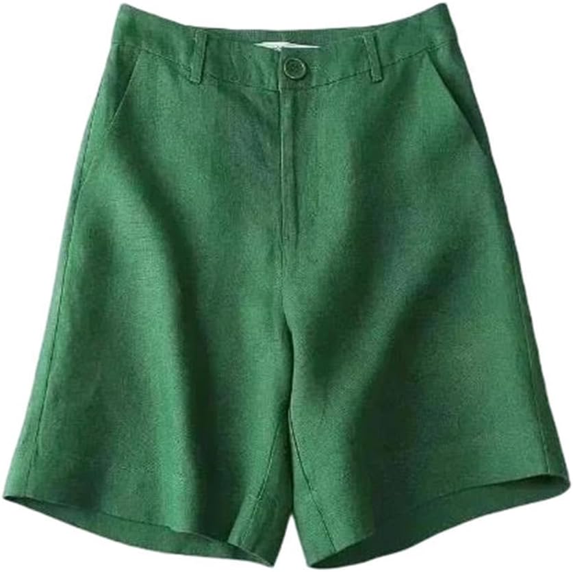 Women Casual Cotton Linen Shorts Solid Pocket Button High Waist Wide Leg Straight Short Pants