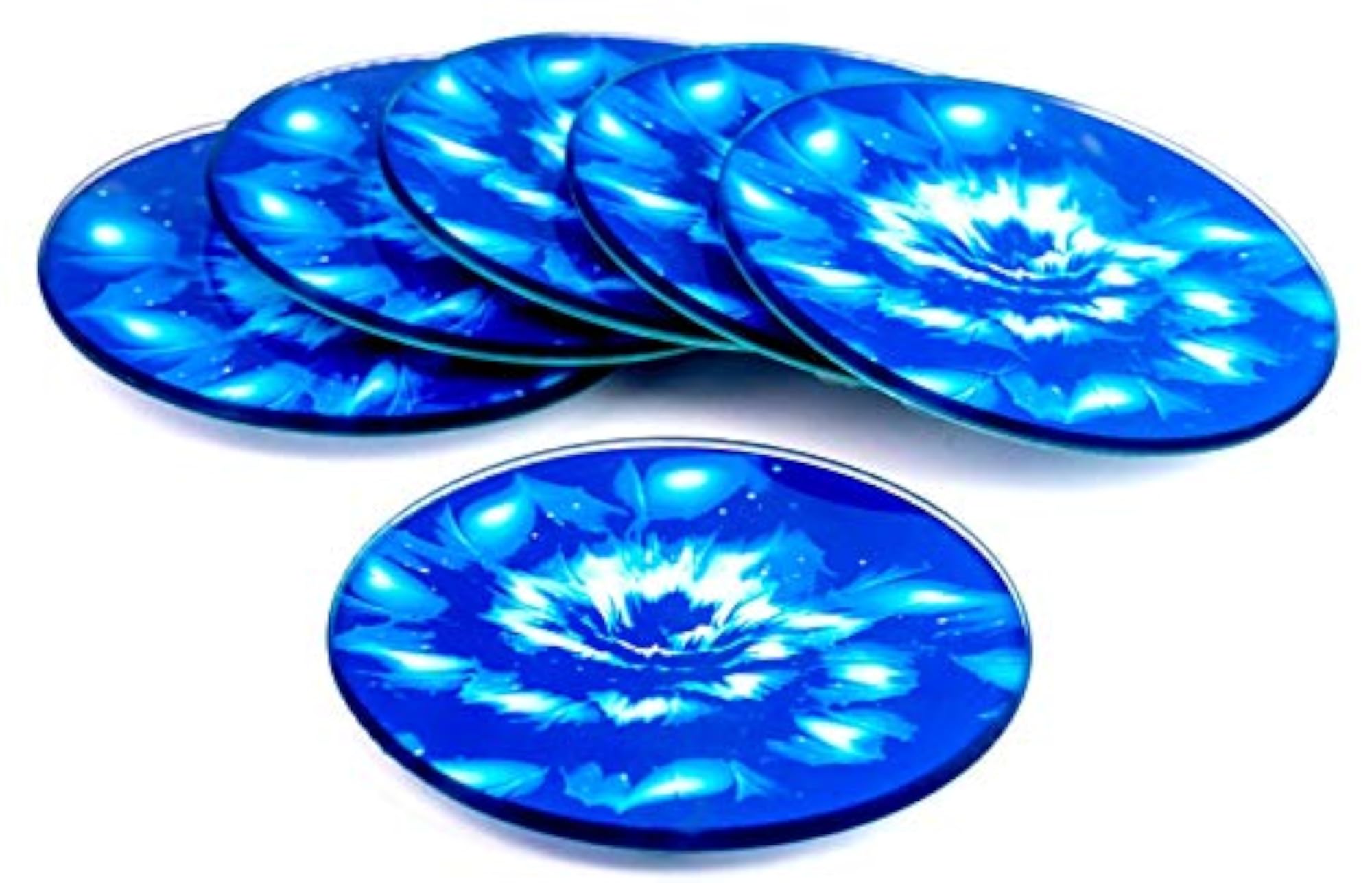 Set of 6 Round Drink Coasters, Blue Floral Design, Gift Boxed
