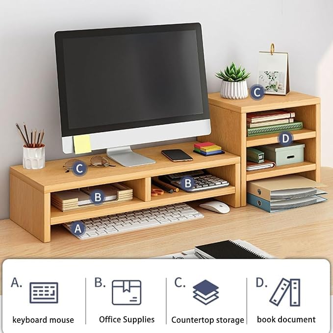 Image of Wooden Monitor Stand Riser with Storage Compartment and Lockable Storage Drawer Stand | Adjustable Desktop Organizer for Computer, Flax, Laptop & Printer (Monitor Stand (wood) 6 Box)