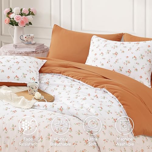 Image of Andency Floral Full Comforter Set, 7 Pieces Cute Orange Bedding Sets, Coquette Cottagecore Flower Dorm Bedding, Soft Lightweight Comforter with Sheets, Pillowcases & Shams for Teen Girls