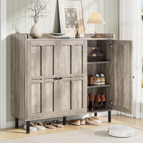 Image of ONBRILL Shoe Cabinet with 3 Doors and Adjustable Shelves, 30 Pairs Shoe Storage Cabinet, 40 Inch Tall Farmhouse Shoe Rack Shoe Organizer Cabinet for Entryway Living Room Closet, Gray Wash
