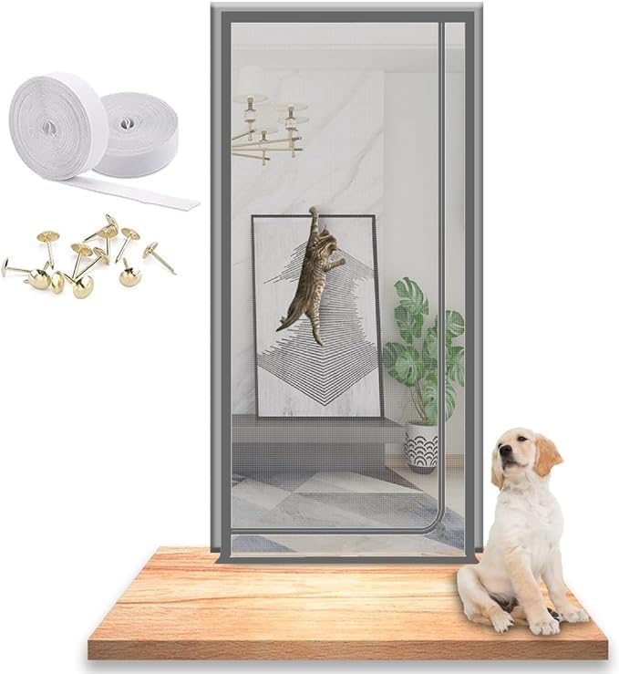 Huisdierhordeur Verdikt kattenbestendig gaas for woonkamer, slaapkamer, keuken, terras, hond en kat krasbestendig hor met ritssluiting(Grijs,85x205cm