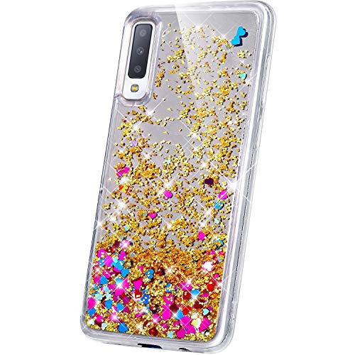JAWSEU Case Compatible with Samsung Galaxy A7 2018, Bling Glitter Liquid Mirror Design Ultra Thin Soft TPU Silicone Gel Rubber Bumper Case Sparkle Crystal Clear Slim Fit Protective Cover,Gold