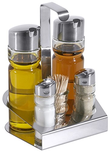 Menage, 5 pezzi, in acciaio inox 18/0, con superficie liscia Inserti in vetro per aceto e olio, Stuzzicadenti, sale & pepe/14 x 11 x 19 cm | erk
