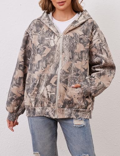 Women Camo Hoodie Oversized Fleece Full Zip Up Sweatshirt Casual Long Sleeve Jackets Trendy Fall Clothes With Pockets2