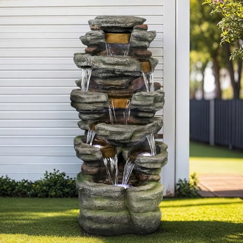 Image of SunJet 47.2 inch High Cascading Rock Outdoor Water Fountain with LED Lights - Large Outdoor Resin Fountains and Waterfalls for Garden or Patio, Yard, and Deck Decor, Featuring Natural Stone Look