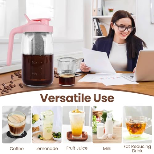 Image of Cold Brew Coffee Maker,32 oz Mason Jar Pitcher with Stainless Steel Filter, Pour Spout Handle Lid, Heavy Duty Glass Airtight & Leak-Proof Pitcher for iced coffee Tea Lemonade-Pink