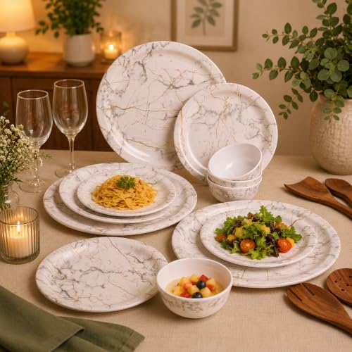 Image of MARKET 99 Heavy-Duty White Static Melamine Dinner Set 12 Pieces | Includes 4 Dinner Plates 4 Side Plates 4 Soup Bowls | Durable Food-Safe Tableware for Daily Use Family Dining & Kitchen Decor