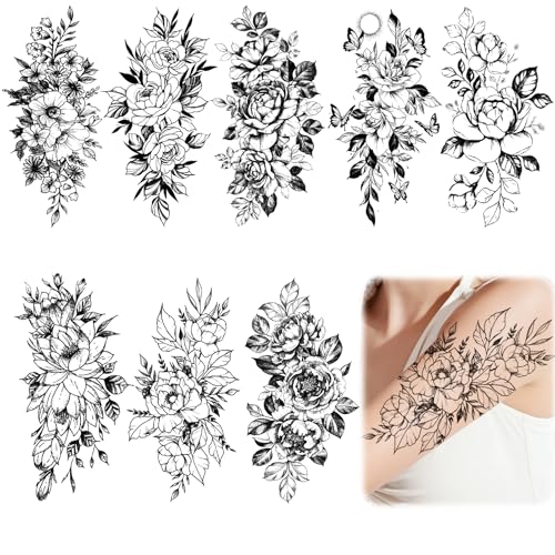 8 folhas tatuagens temporárias de flores grandes, decalques de tatuagem falsos, tatuagens temporárias impermeáveis, autocolantes tatuagens realistas, tatuagens falsas de flores sexy para homens ou mulheres