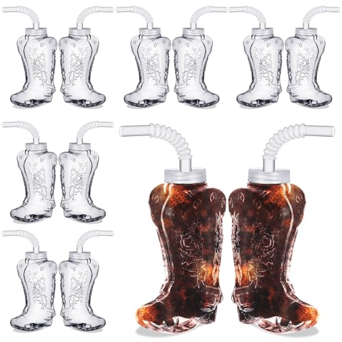 Hoolerry 12 Pcs 17 oz Plastic Cowboy Boot Cups Cowgirl Mugs with Straws and Lids Reusable Cowboy Cups for Baby Shower Rodeo Themed Birthday Party Decorations Supplies Western Accessories