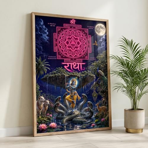 Image of Livin'luxe Radha Krishna Shree Yantra Wall Painting for Living Room Bedroom Pooja Room Decor with Premium Wooden Color Synthetic Frame, Spiritual Hindu Art Gift (13.5 x 19.5) NM01-4084