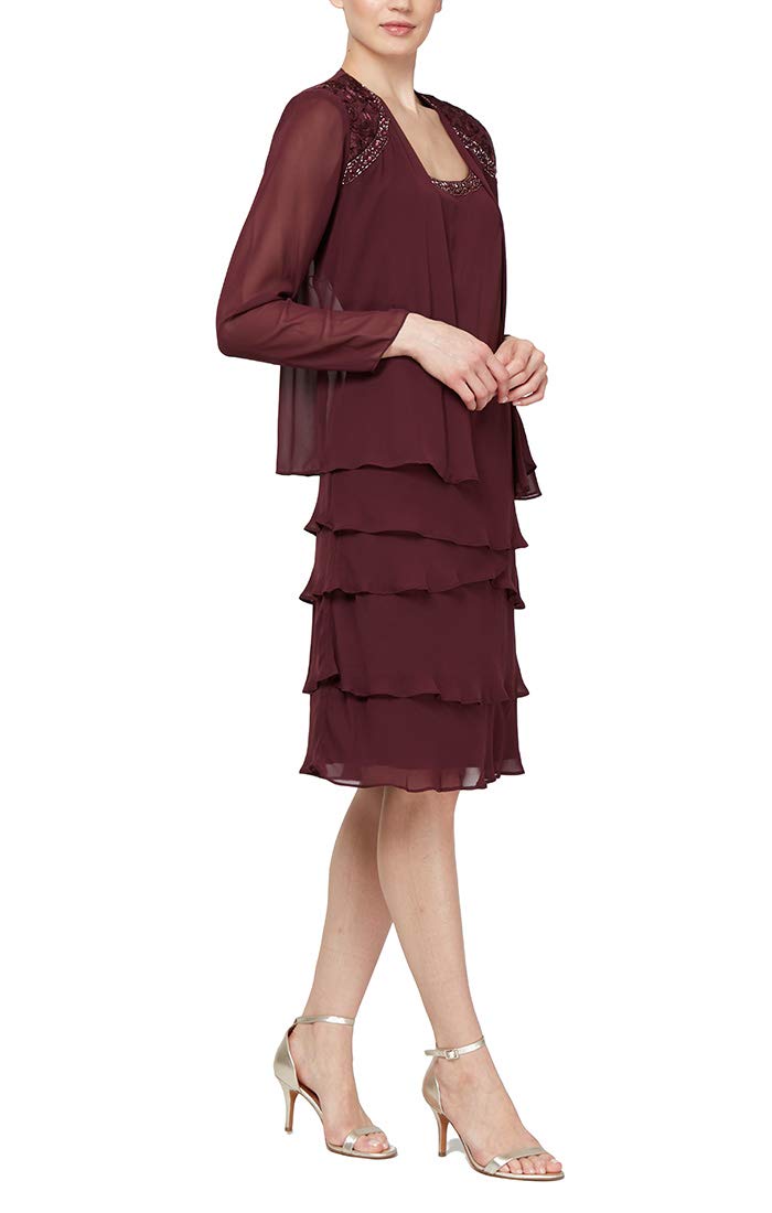 S.L. Fashions Women's Mother of The Bride Tiered Jacket Dress with Shoulder Embellishment, (Petite and Regular Sizes) Special Occasion, Fig, 10